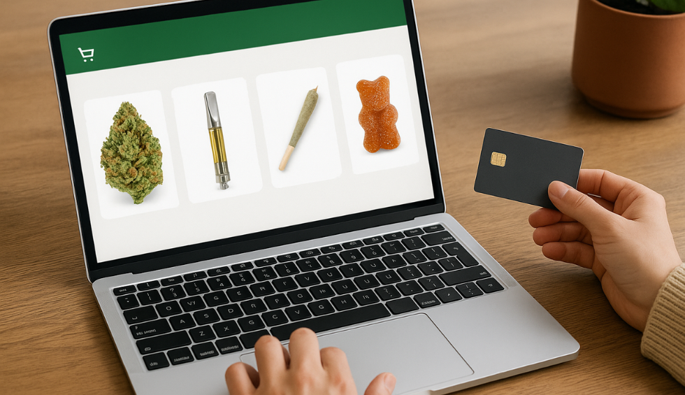 Person holding credit card while shopping for cannabis products online in Canada