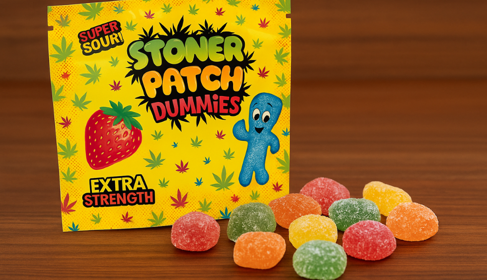 Colorful Stoner Patch Gummies with sugar coating displayed in front of bright yellow cannabis-themed packaging