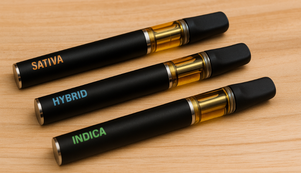 Three disposable dab pens labeled Sativa, Hybrid, and Indica, placed on a wooden surface