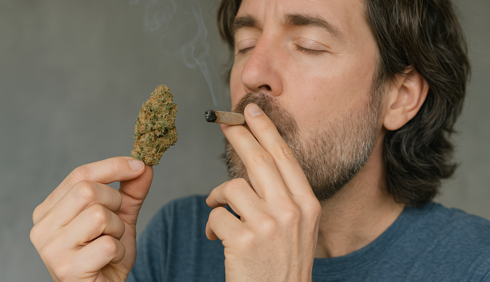 Man smoking a joint and holding a Strawberry Cough bud, showing the strain’s uplifting and energizing effects