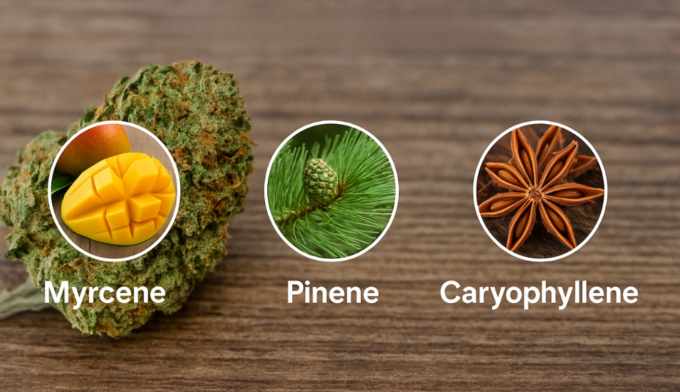 Strawberry Cough cannabis bud with labeled terpene images: myrcene, pinene, and caryophyllene
