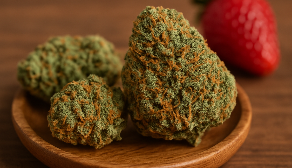 Close-up of Strawberry Cough strain buds on a wooden plate with a fresh strawberry in the background