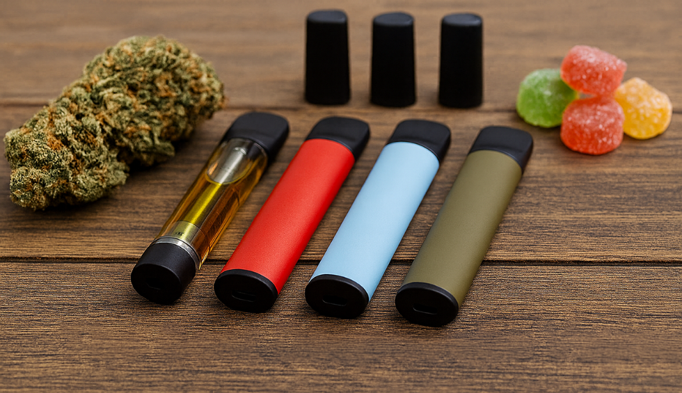 Colorful disposable vapes with cannabis bud and gummies, showcasing the best disposable vapes available