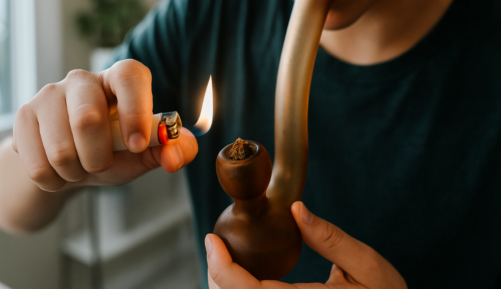 Person lighting a wooden pipe filled with Nuken cannabis, representing the strain’s relaxing and euphoric effects
