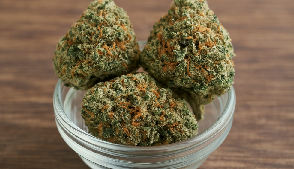 Three dense Nuken cannabis buds with orange pistils and frosty trichomes in a glass bowl on a wooden surface