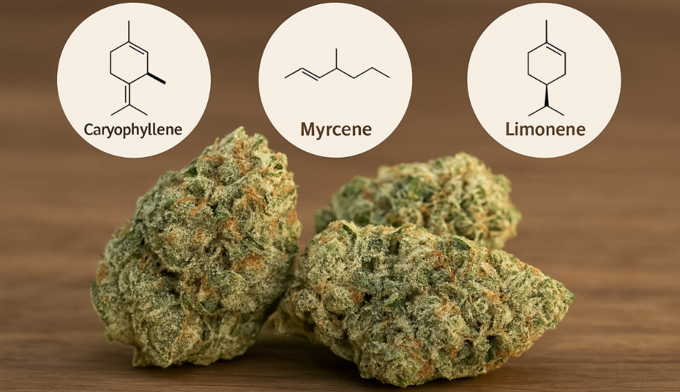Three Nuken cannabis buds with frosty trichomes displayed in front of terpene illustrations for Caryophyllene, Myrcene, and Limonene