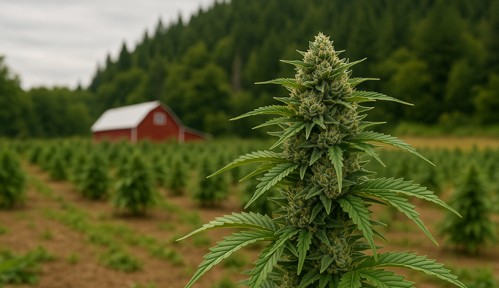 Close-up of cannabis plant in a B.C. field with a red barn in the background