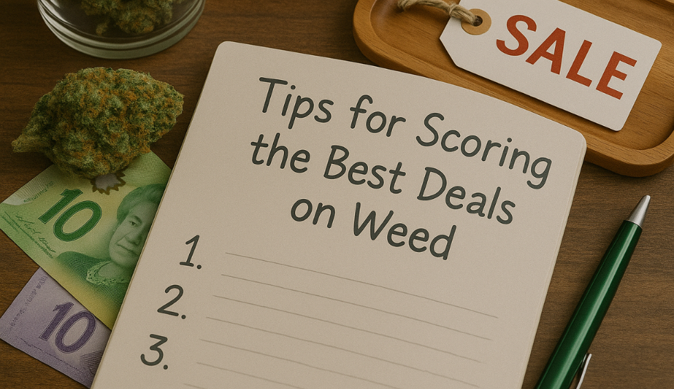 Notebook with tips for scoring the best weed deals beside cannabis, money, and sale tag