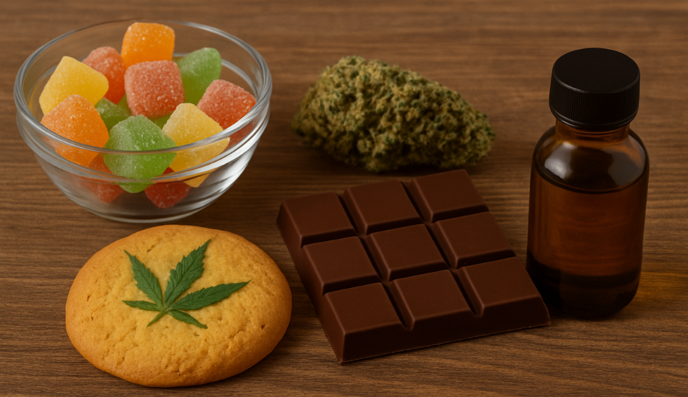Assorted cannabis edibles including gummies, cookie, chocolate, tincture, and bud on wooden table