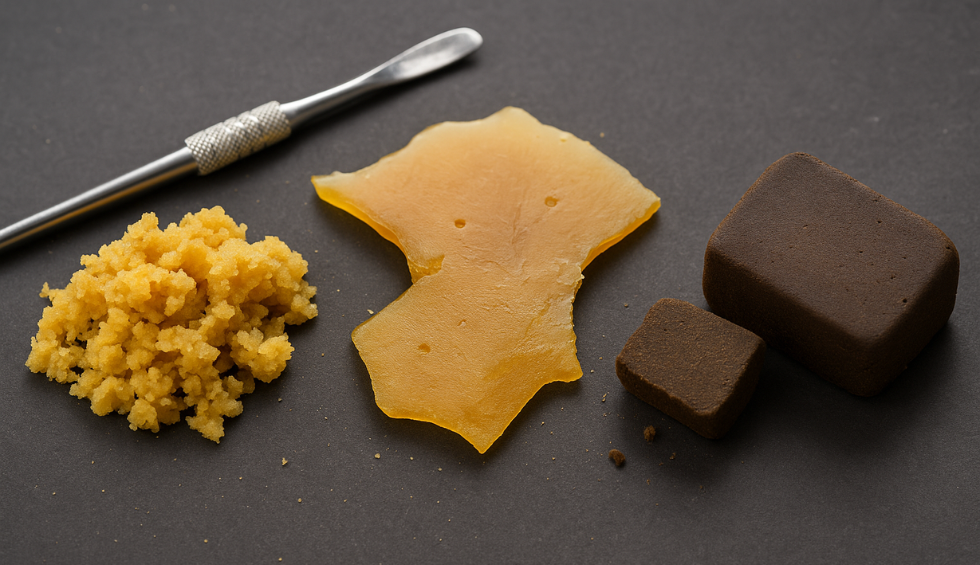 Various cannabis wax forms including crumble, shatter, and hash with a dab tool on a dark background