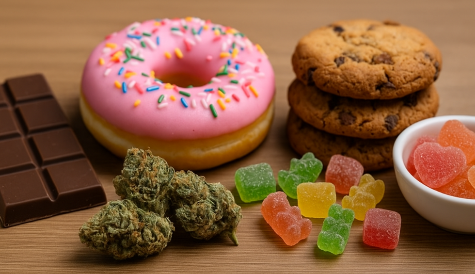 Cannabis edibles including gummies, cookies, chocolates, and donuts alongside dried cannabis buds