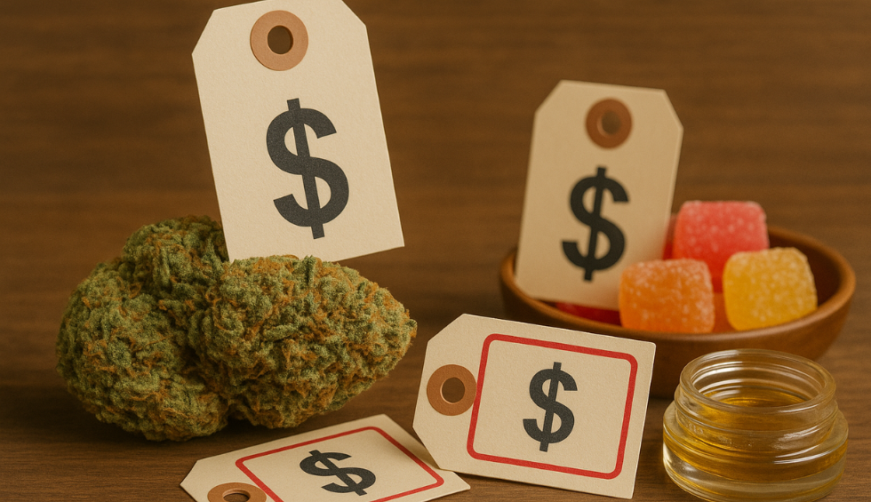 Price tags on cannabis, edibles, and concentrates symbolizing weed deals and discounts in Canada