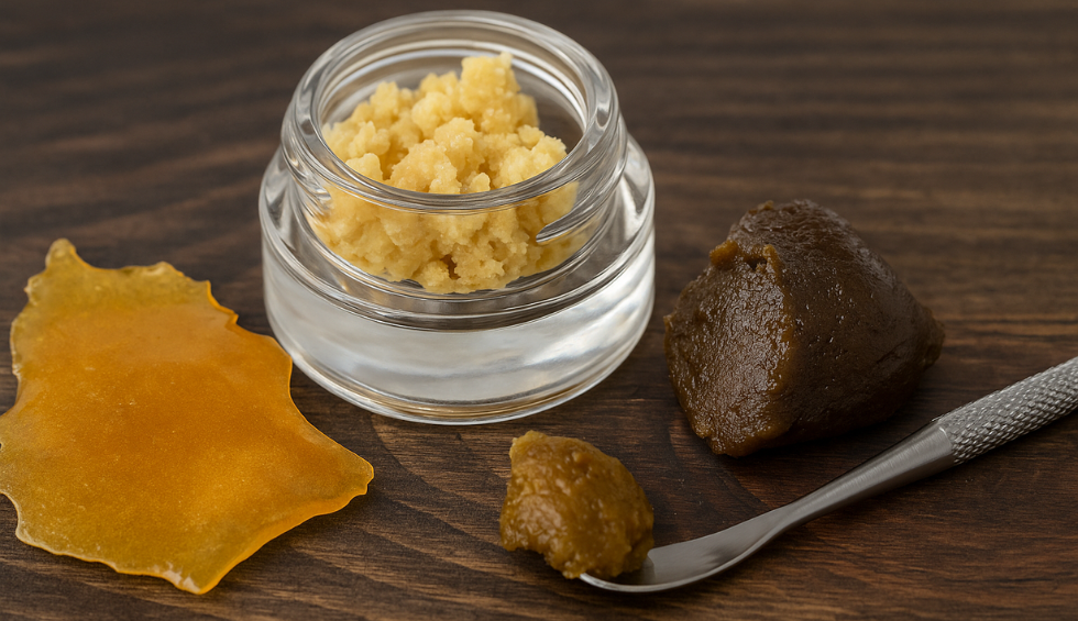 Cannabis concentrates including shatter, crumble in jar, and dark hash on wooden table with dab tool