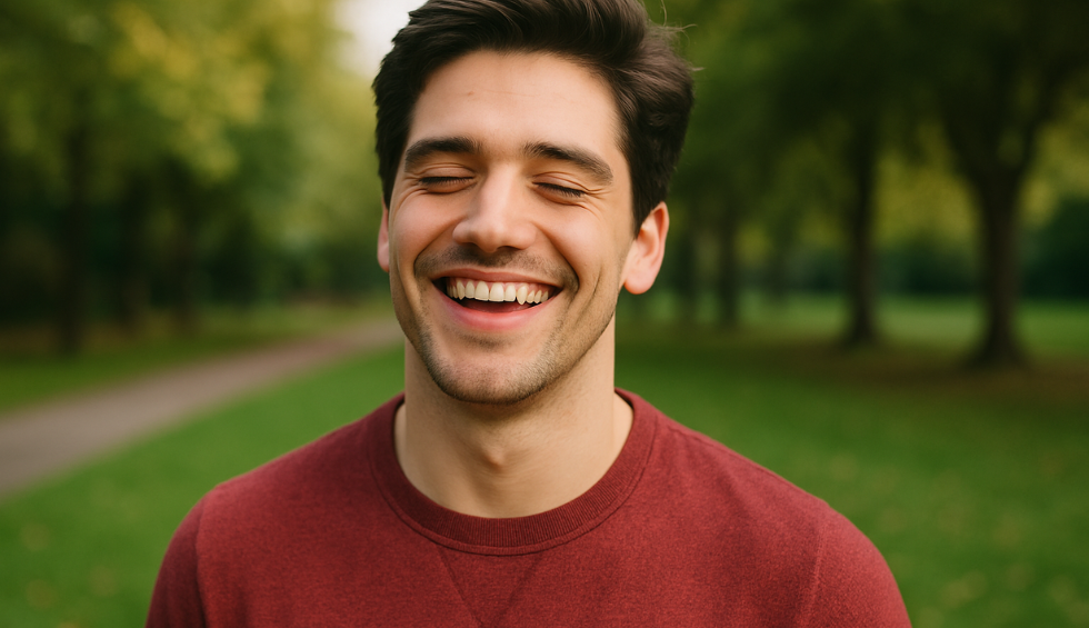 Smiling man outdoors, eyes closed, showing calm and happiness—reflecting Purple Gas Mask strain’s relaxing effects