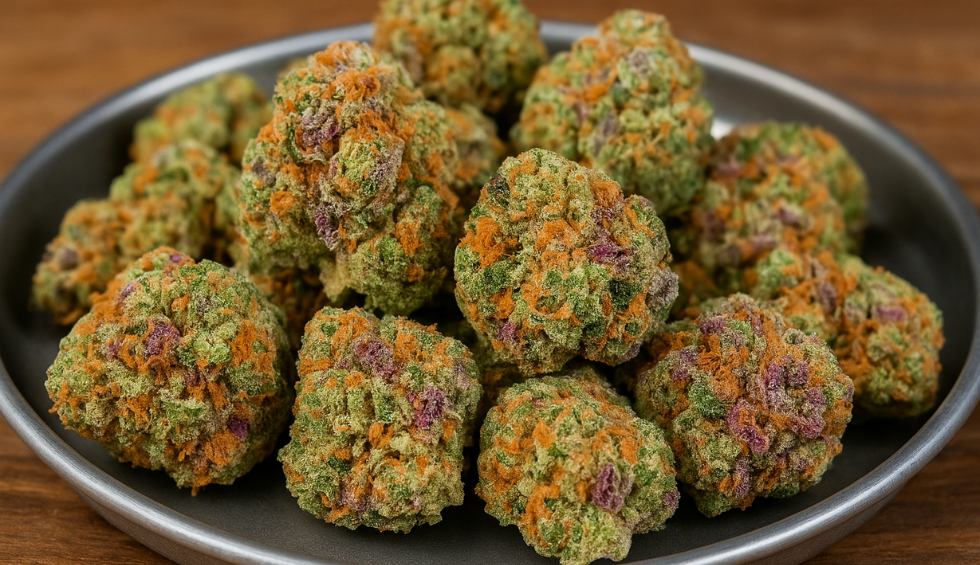 Close-up of Fruity Pebbles weed buds with vibrant green, orange, and purple hues on a dark plate