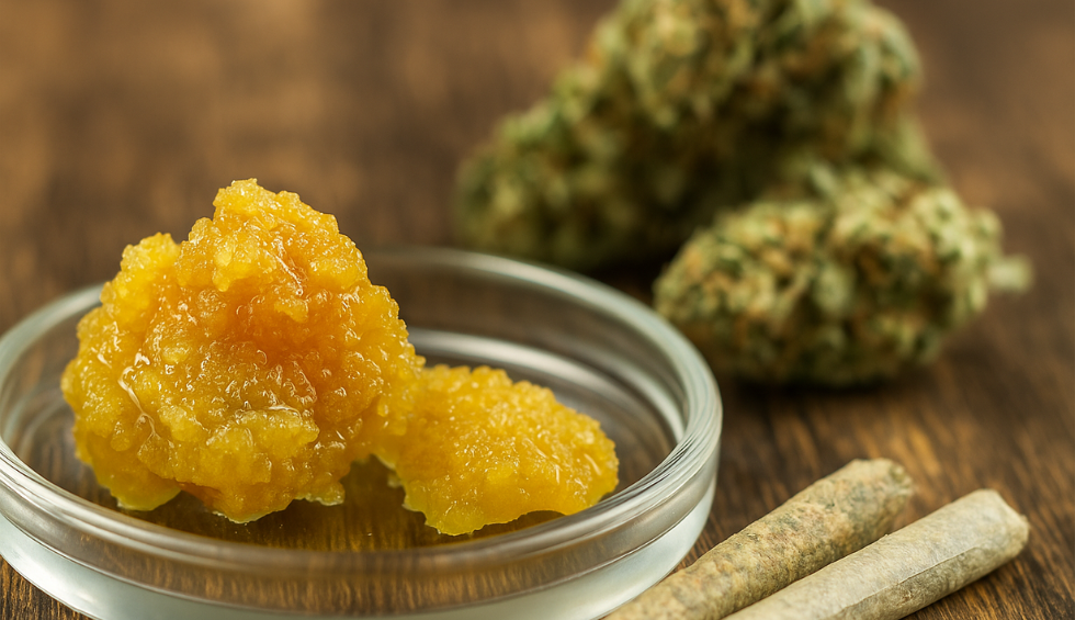 Close-up of golden live resin concentrate in a glass dish with cannabis buds and pre-rolls in the background