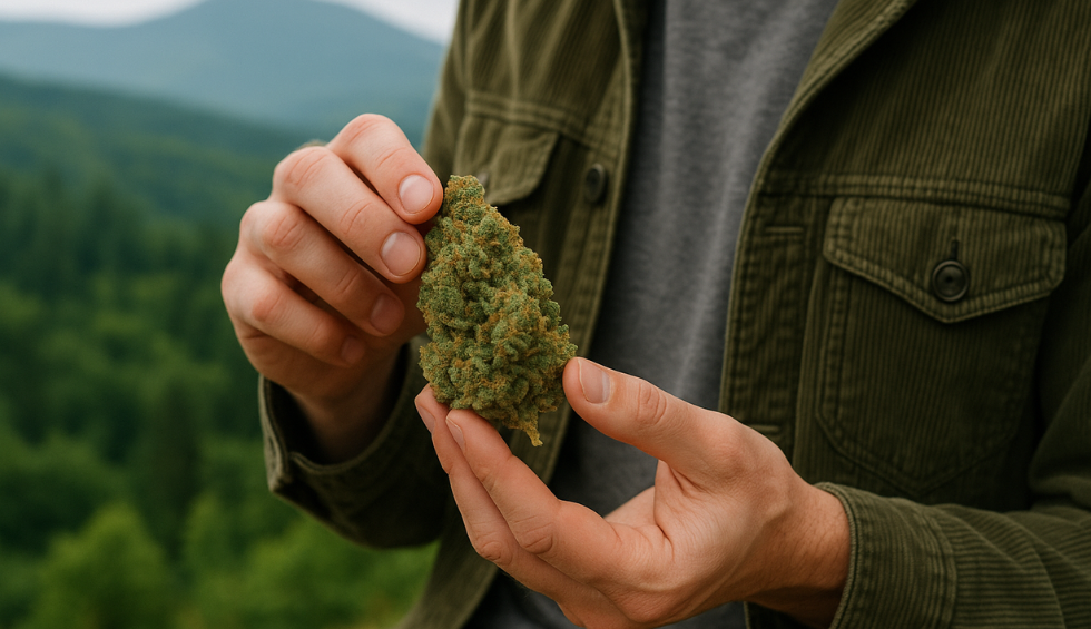 Person holding a large cannabis bud outdoors with a scenic forest and mountain background