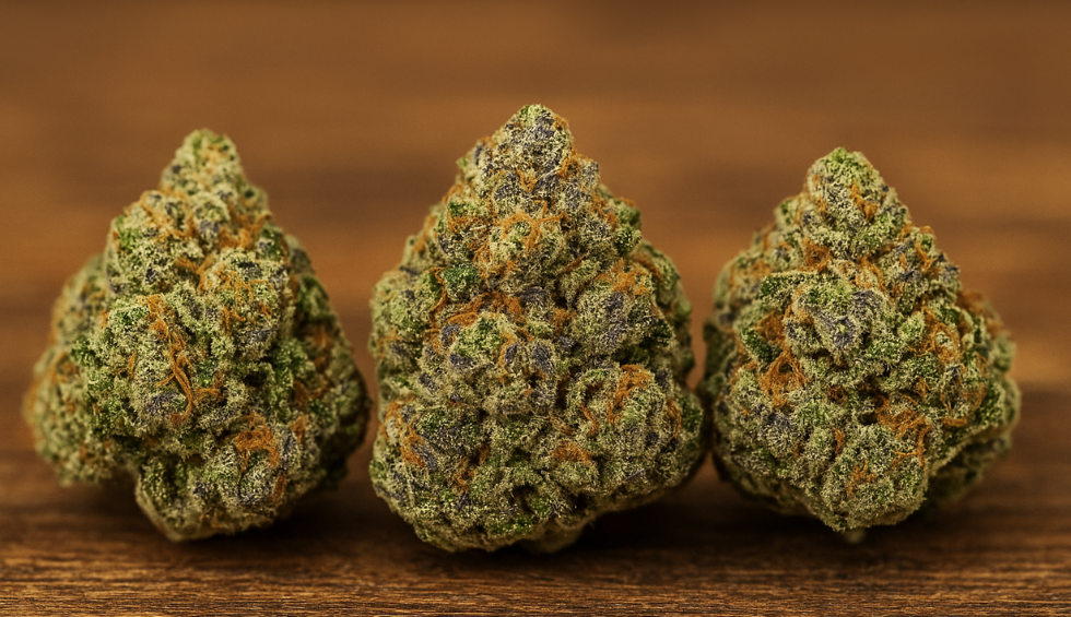 Three frosty cannabis buds rich in trichomes and orange hairs, known for their strong, gassy aroma and potent effects