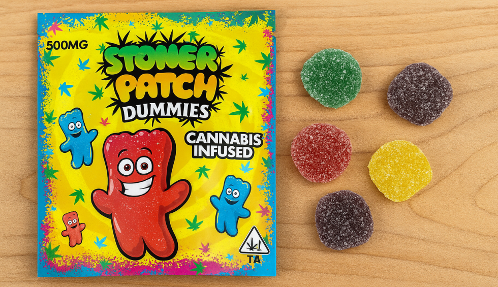 Stoner Patch Gummies in colorful candy shapes beside bright cannabis-themed packaging labeled cannabis infused