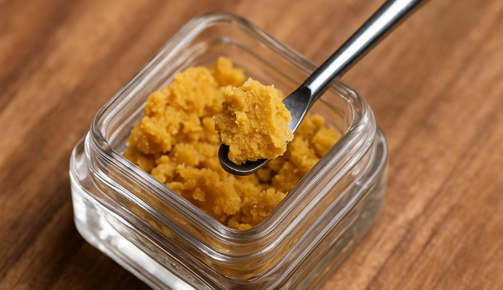 Close-up of golden live resin concentrate in a glass jar with a dab tool scooping a small portion