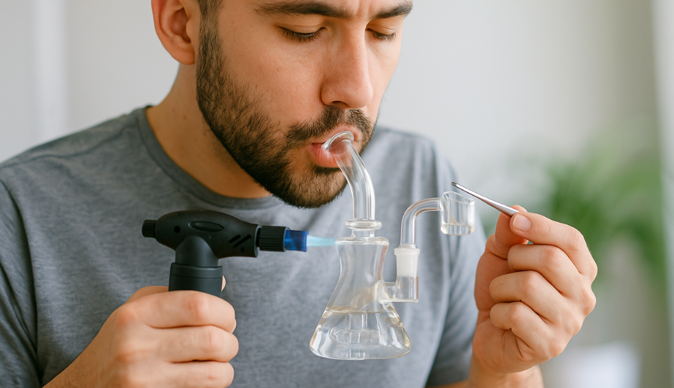 Man using a dab rig and torch to heat and enjoy live resin cannabis concentrate