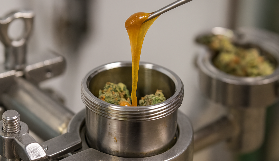 Golden live resin concentrate dripping from a dab tool into a metal container filled with cannabis buds during extraction