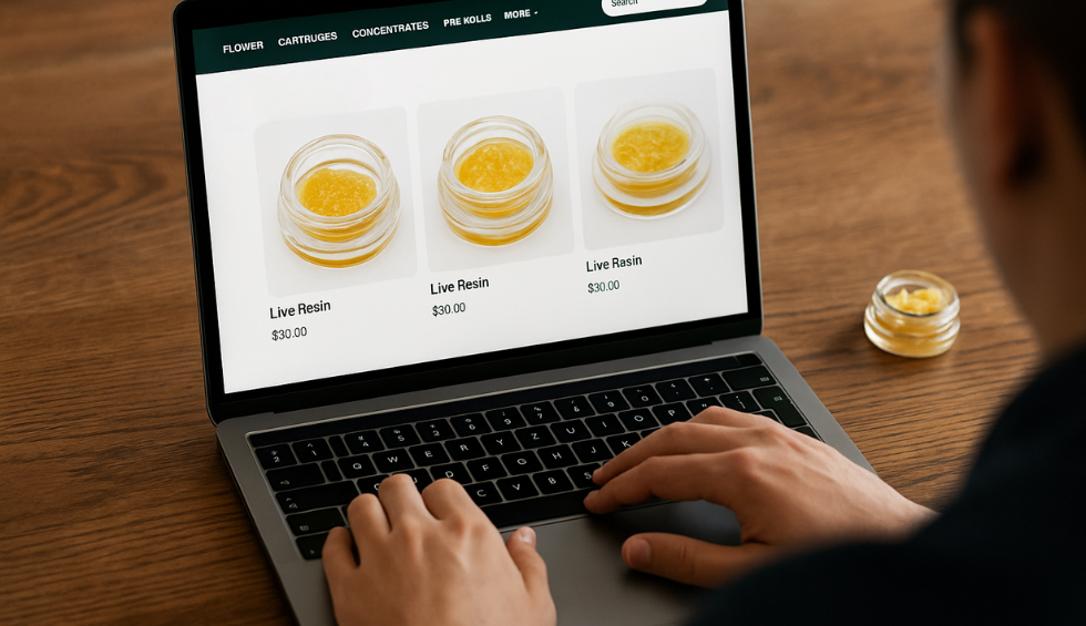Person browsing an online cannabis store to buy live resin in Canada, with jars of concentrate displayed on the laptop screen