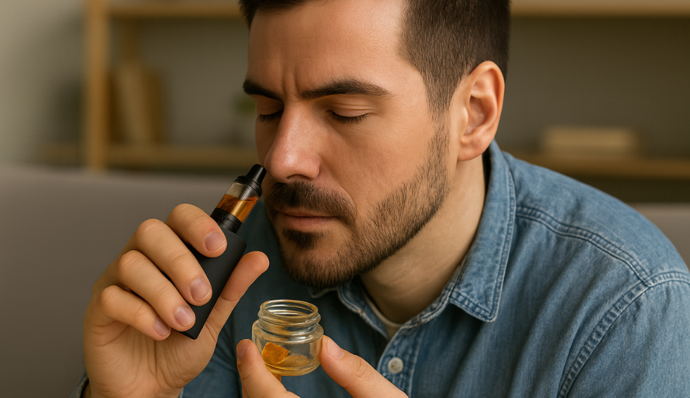 Man smelling a jar of live resin concentrate while holding a vape pen, representing the potential benefits of live resin