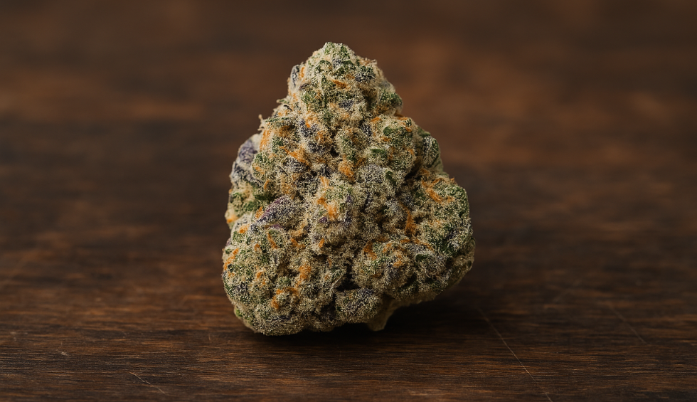 Ice Cream Cake cannabis bud with frosty trichomes and vibrant orange hairs on a wooden surface