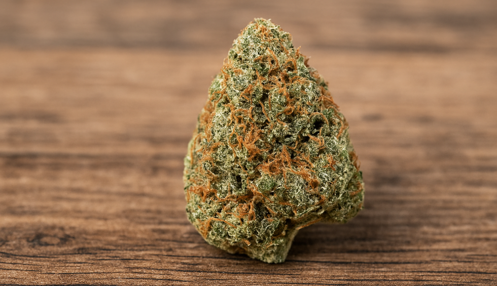 Nuken strain cannabis bud on a wooden surface, highlighting its dense texture and orange hairs