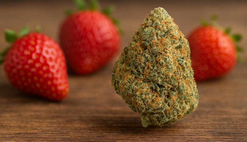 Close-up of a Strawberry Cough cannabis bud standing upright with fresh strawberries in the background