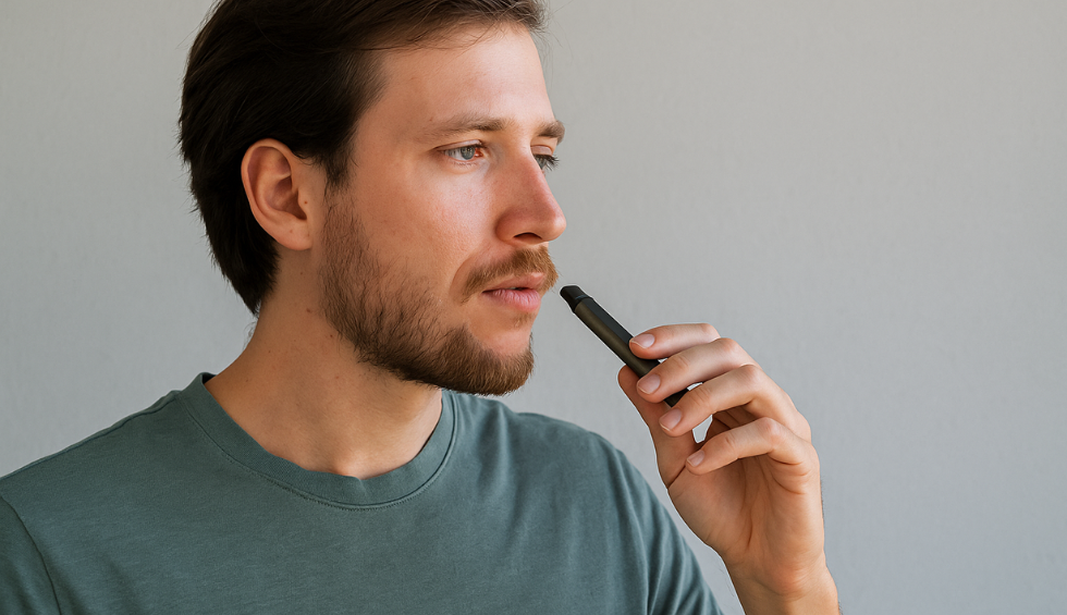 Man holding a black disposable THC vape pen near his mouth, considering when buying in bulk is a good idea