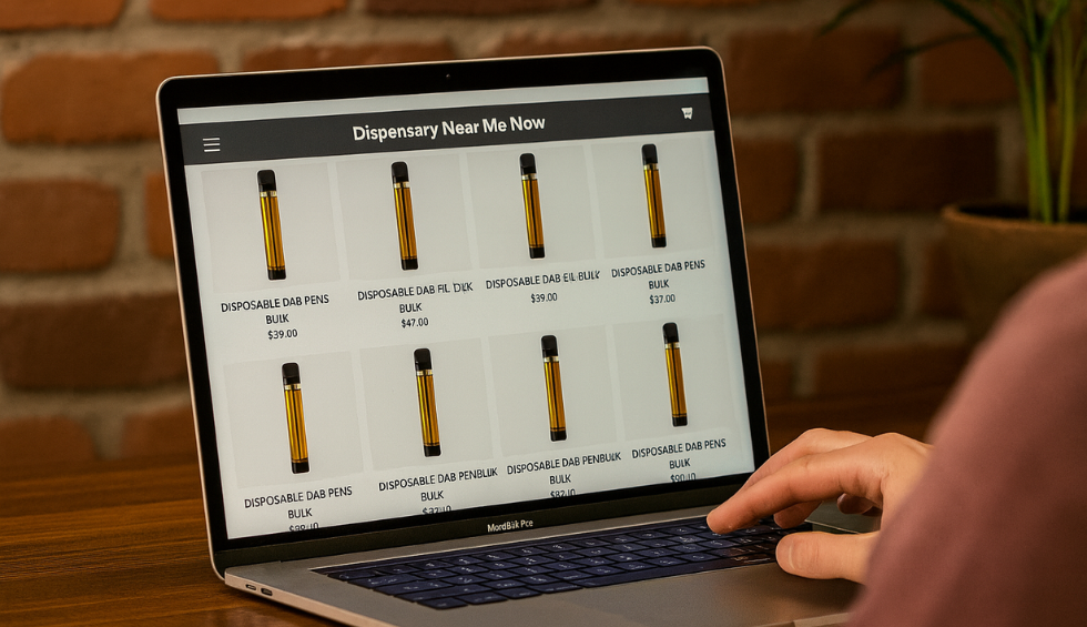 Person browsing an online dispensary website on a laptop to find the best disposable vape in Canada