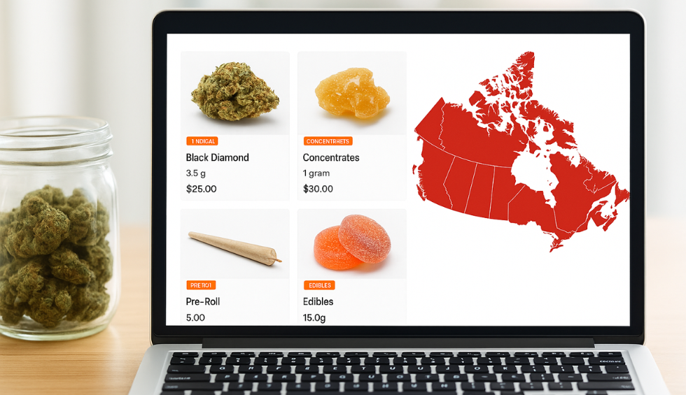 Laptop screen showing cannabis products, with a jar of marijuana buds beside it, representing buying cheap buds online