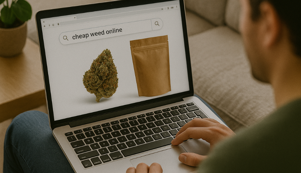 Person browsing online for cheap weed in Canada with safe purchase options on laptop screen