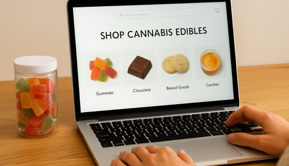 Browsing an online cannabis store in Canada with gummies, chocolate, baked goods, and candies displayed on a laptop screen