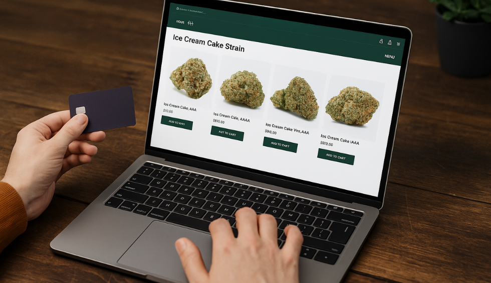 Laptop screen showing Ice Cream Cake strain online shop in Canada with credit card in hand