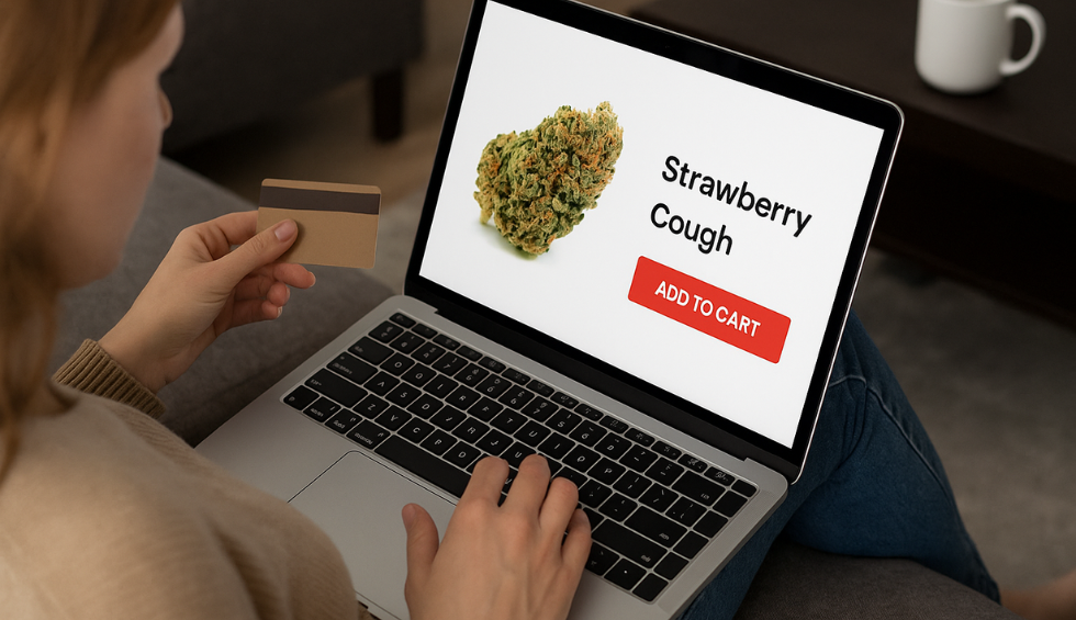 Person shopping online for Strawberry Cough strain in Canada, holding a credit card with “Add to Cart” option on laptop screen