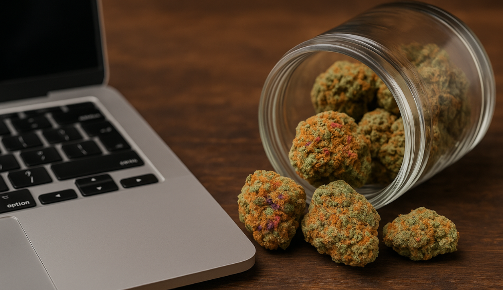 Fruity Pebbles strain buds in glass jar beside laptop, showing where to buy cannabis in Canada