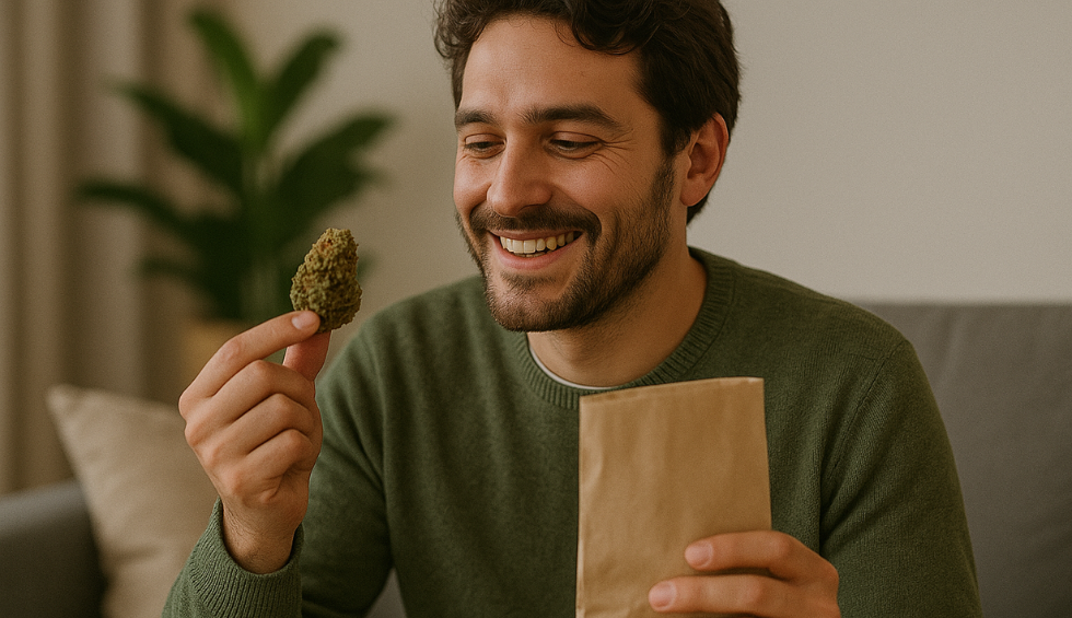 Smiling man holding cannabis bud and paper bag, representing who buys discount cannabis and why