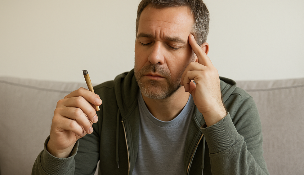 Middle-aged man with eyes closed holding a lit joint, appearing thoughtful about trying the Rockstar strain