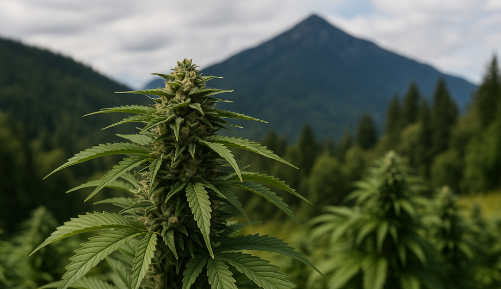 Cannabis plant in a British Columbia mountain valley, showcasing craft-grown buds with forested peaks in the background