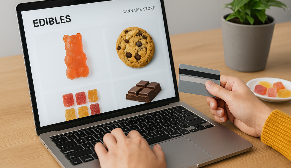 Person holding a credit card while shopping for cannabis edibles online in Canada on a laptop