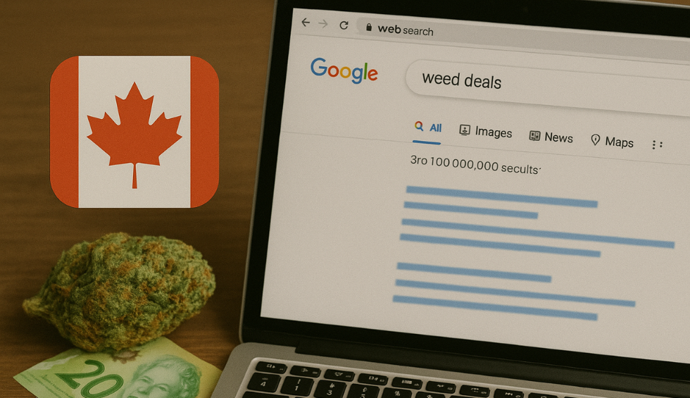 Google search for weed deals in Canada with cannabis bud, Canadian money, and maple leaf icon shown