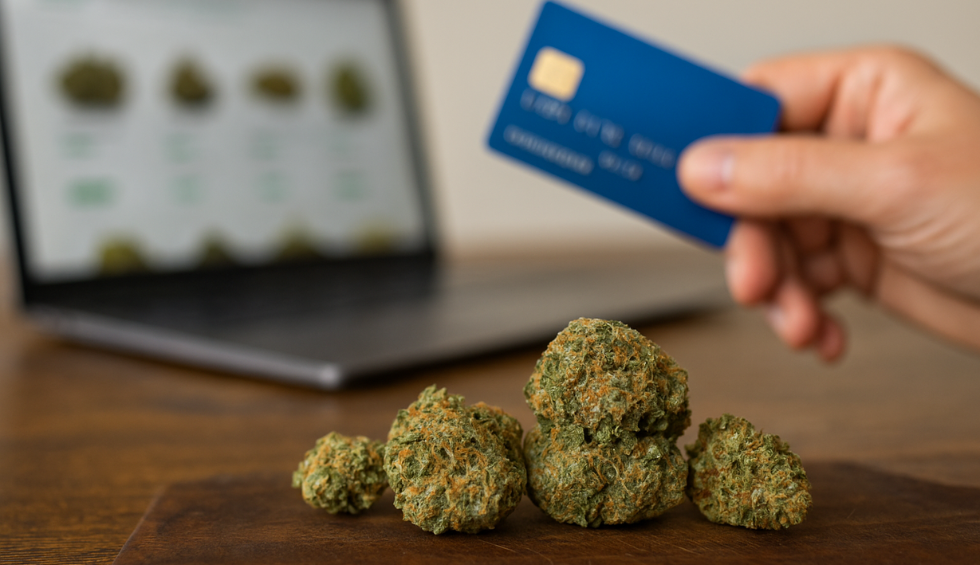 Hand holding credit card in front of cannabis buds and laptop screen, illustrating why you should order pot online in Canada