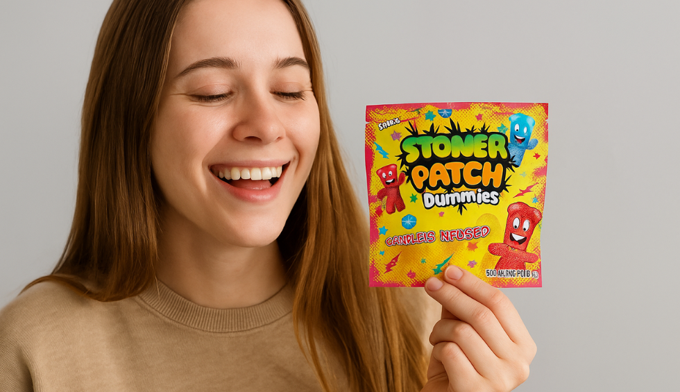 Smiling woman holding a bright yellow Stoner Patch Dummies gummy candy package