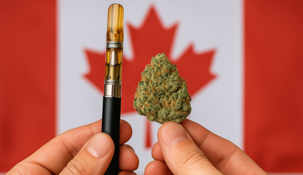 Hands holding live resin vape and cannabis bud in front of Canadian flag background