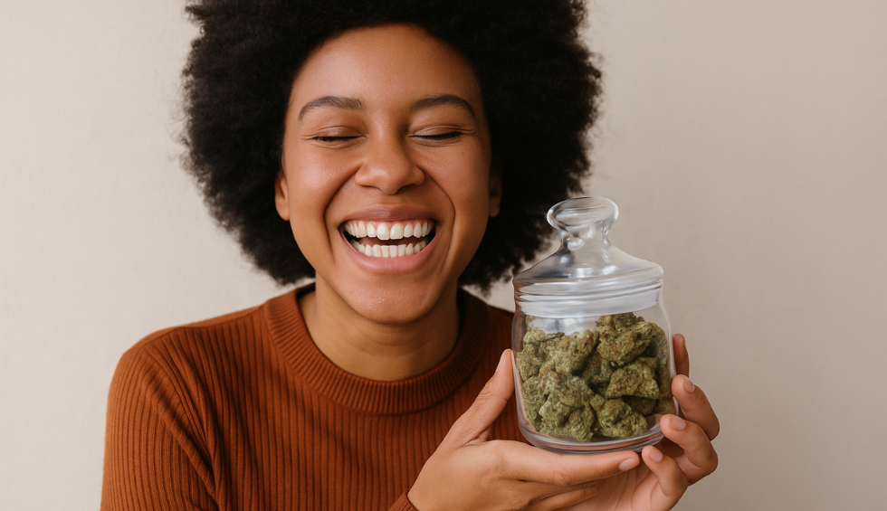 Smiling woman holding a jar of Strawberry Cough strain, showing its popularity for uplifting effects and sweet berry flavor