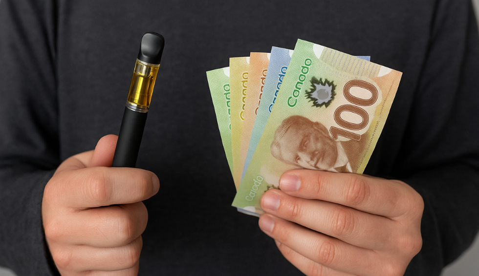 Person holding a weed vape pen in one hand and Canadian banknotes in the other, symbolizing bulk buying savings