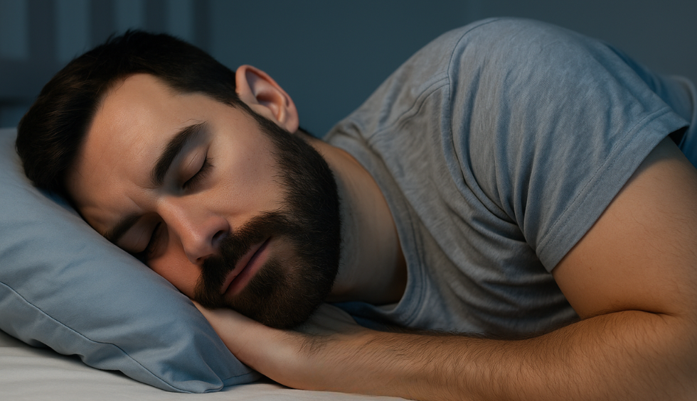 Close-up of a bearded man sleeping peacefully on his side in bed, resting his head on a blue pillow
